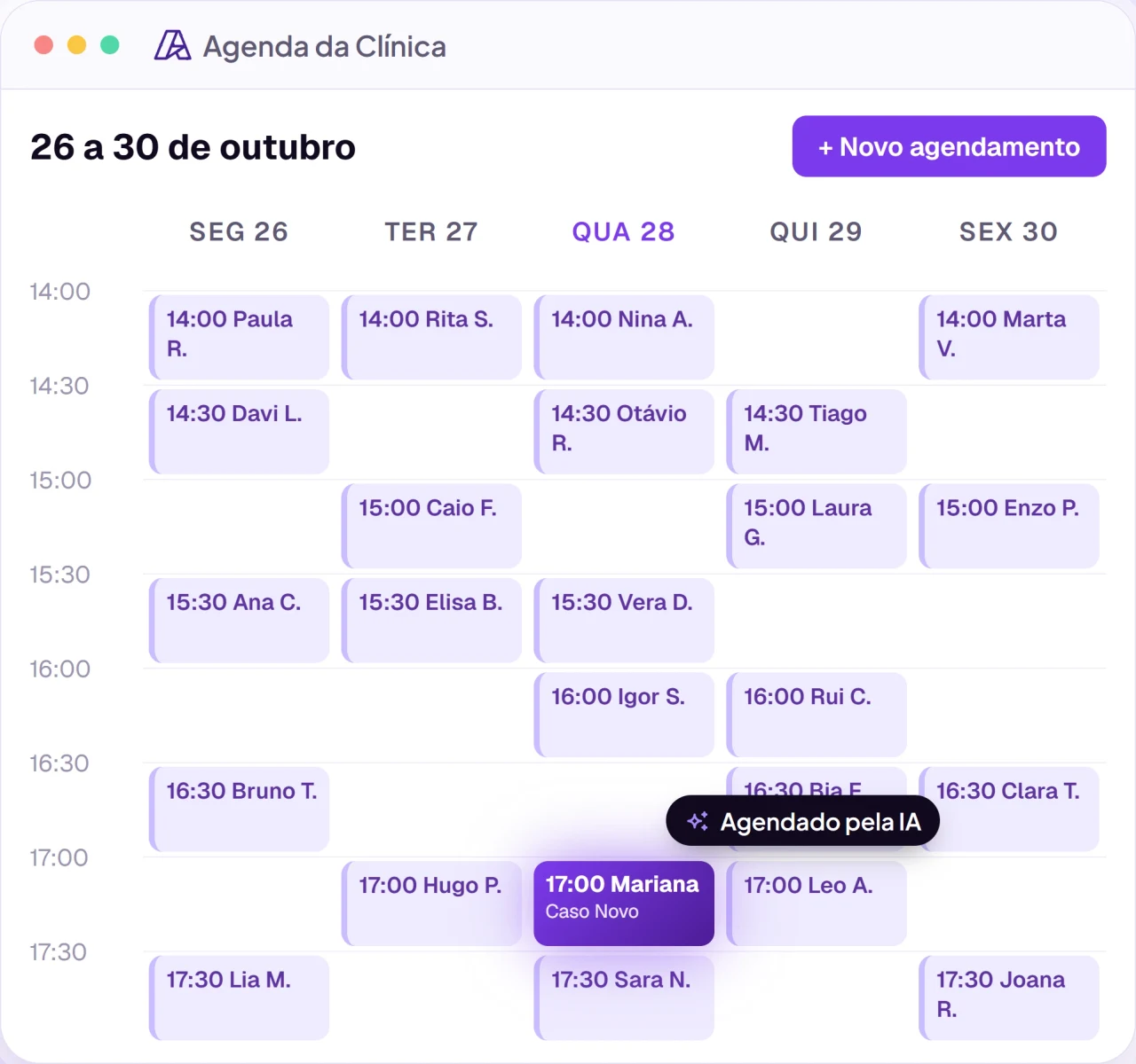 Agenda da Clínica na semana, com o horário das 17:00 marcado pela IA em destaque
