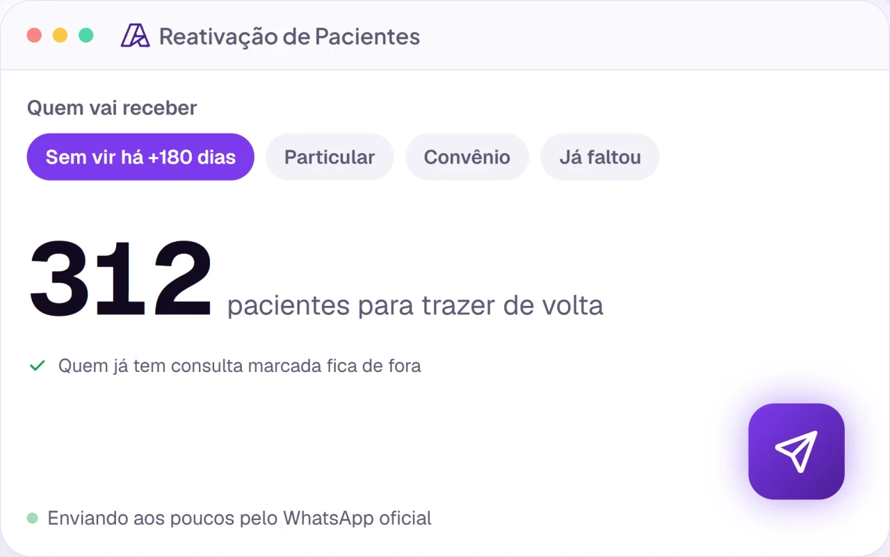 Tela de Reativação de Pacientes com o filtro de quem está sem vir há mais de 180 dias